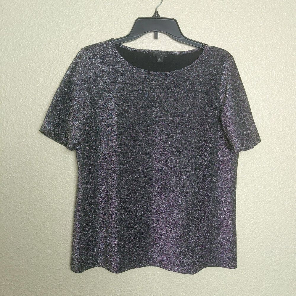 Ann Taylor Factory Petite Black Silver Metallic Shimmer Knit Top LP Holiday